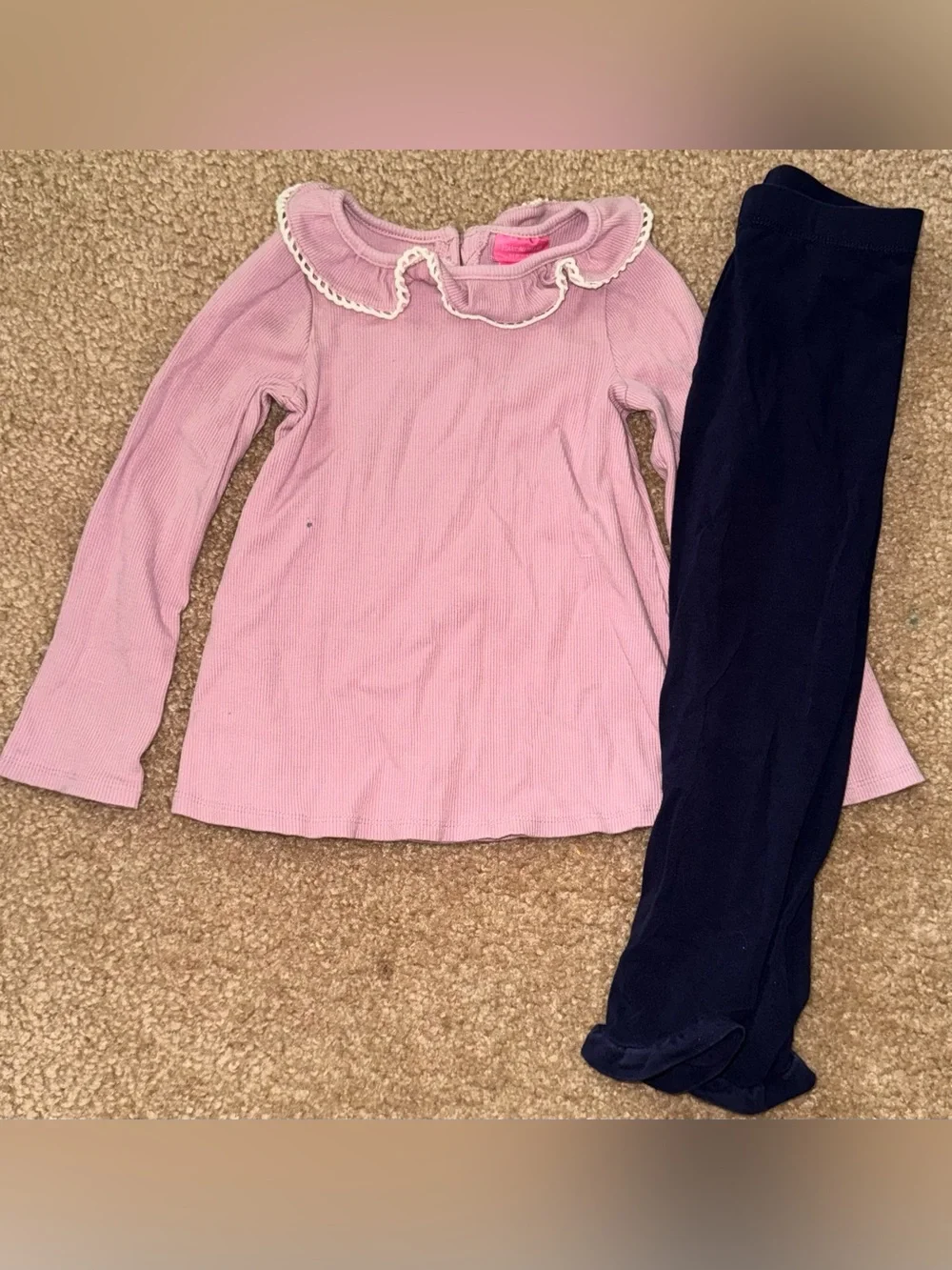 Girls' Long-Sleeve Ruffle Collar Top and Leggings Set - Pink & Navy